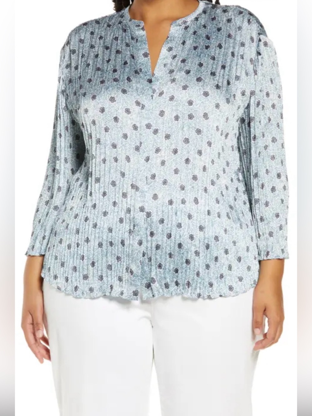 Vince Camelia Split Neck Pleated Blouse, Size 2X, Color Pale Bay, Blue Floral